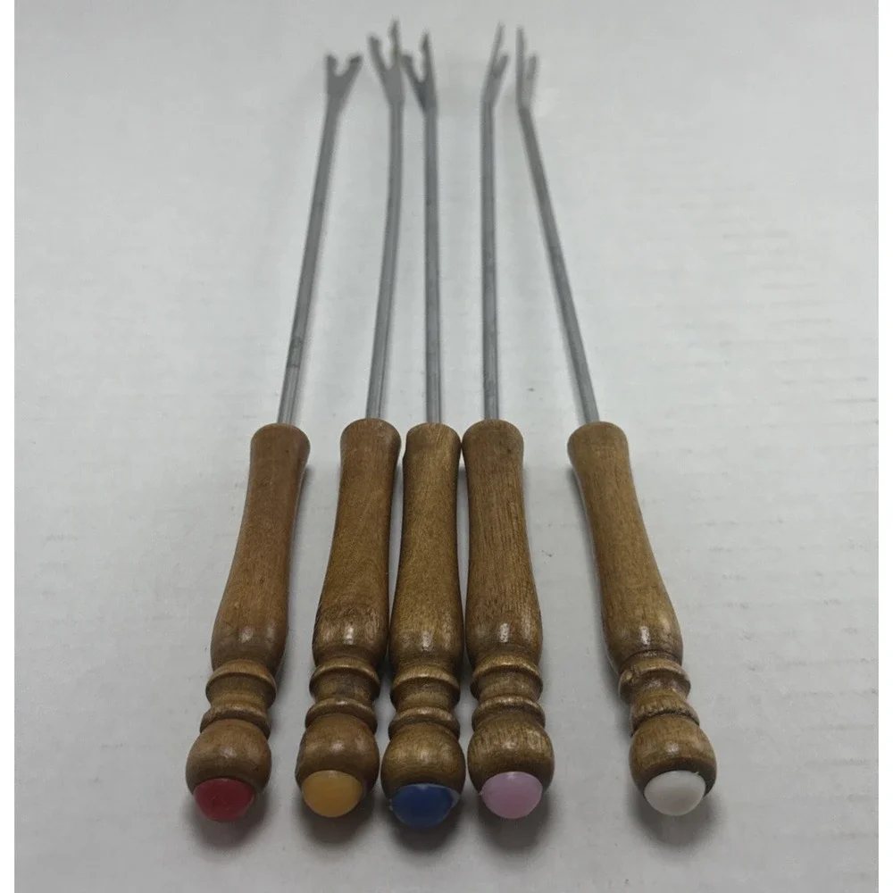 Vintage Fondue Forks Set of 5 Wooden Handle Stainless Steel Color Coded Skewers